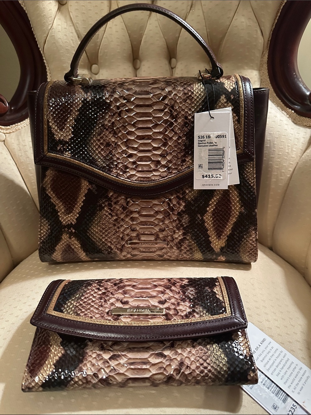 Brahmin Brown and Oxblood Embossed Python Top-Handle Satchel with Wallet